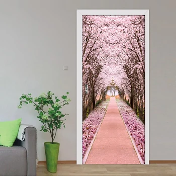 

Self Adhesive Waterproof 3D Door Sticker Forest Cherry Tree Home Decoration Renew PVC Mural Paper Print Art Picture For Bedroom