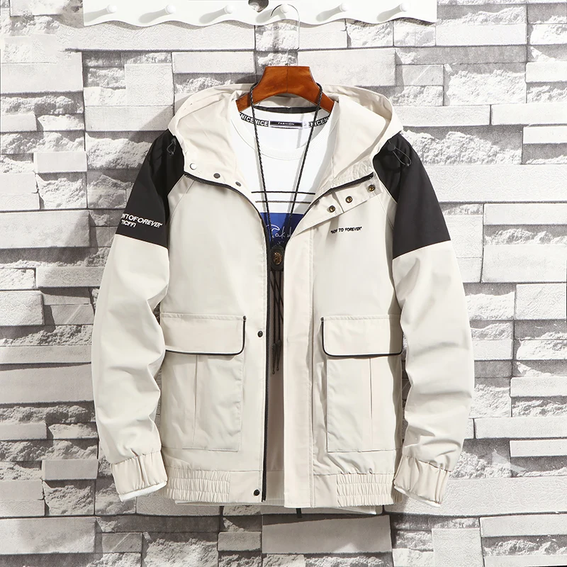 

Spring Autumn Casual Hooded Jacket Slim Patchwork Letter Print Windbreaker Male Outwear Zipper Thin Coat Brand Clothing
