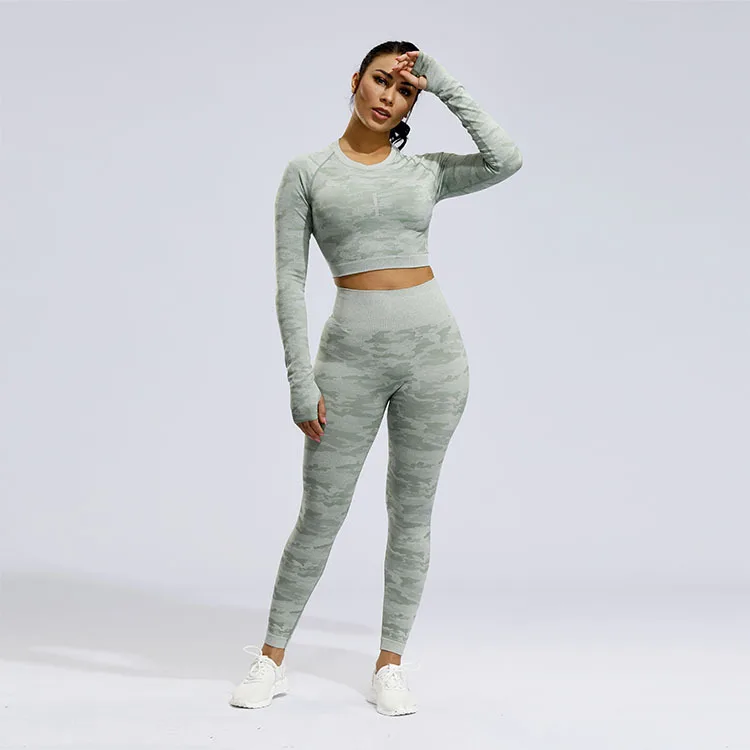 Light green 2 piece Женский бесшовный комплект для йоги, фитнеса, спортивные костюмы, высокая эластичность, для фитнеса, камуфляжный комплект для тренировок, комплект из 3 предметов, женская одежда для тренировок - Цвет: Light green 2 piece