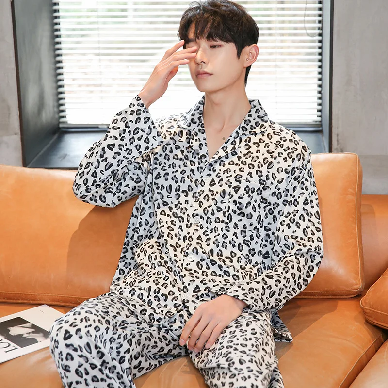 Men Summer Ice Silk Sleepwear Autumn Breathable Pajama Sets Noble Leopard Silk Pajamas Comfort Satin Male Casual Lovers Pijamas