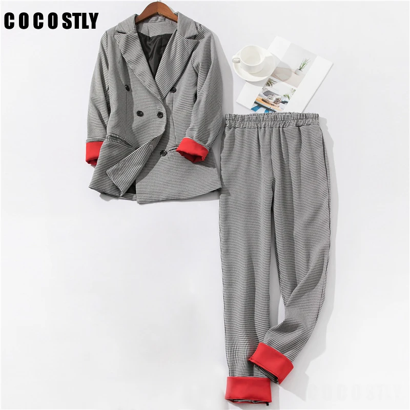 

Pants suit women 2019 Office Outfits patchwork Cuffed Sleeve Plaid Blazer Jacket & Trousers Suits Women 2 Piece Set Women's suit
