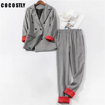 

Pants suit women 2019 Office Outfits patchwork Cuffed Sleeve Plaid Blazer Jacket & Trousers Suits Women 2 Piece Set Women's suit