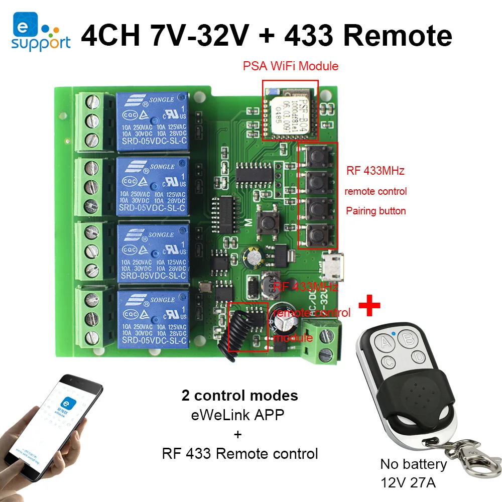 4CH EWelink Wireless Switch,WiFi Switch Module,EWelink APP,Remote Control,DIY Smart Home,4Gang Relay,work with Alexa Google Home 