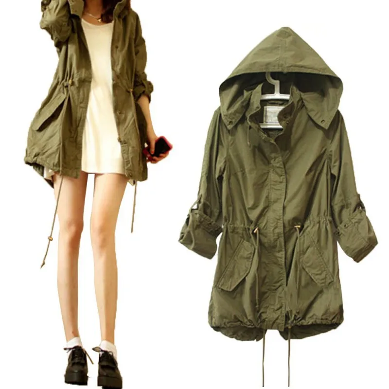 Женское пальто с капюшоном, весна-осень, армейская зеленая Военная парка, Тренч, куртка с капюшоном