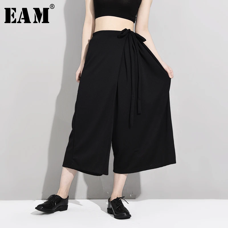 

[EAM] High Elastic Waist Back Split Joint Bandage Wide Leg Trousers New Loose Fit Pants Women Fashion Spring Autumn 2019 JL9160