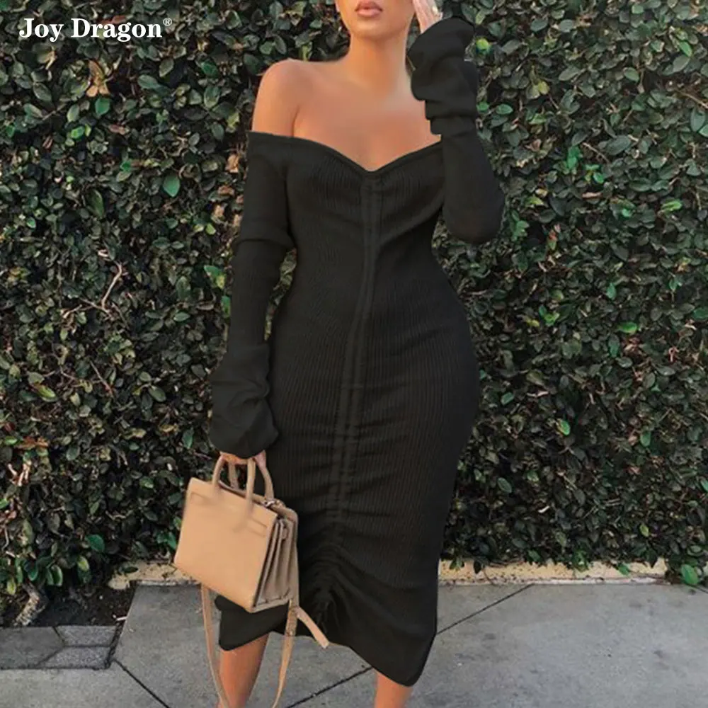 Womens Dresses New Arrival Casual Off Shoulder Drawstring Flare Sleeve Long Party Bodycon Dress Vetement Femme Vestito Donna