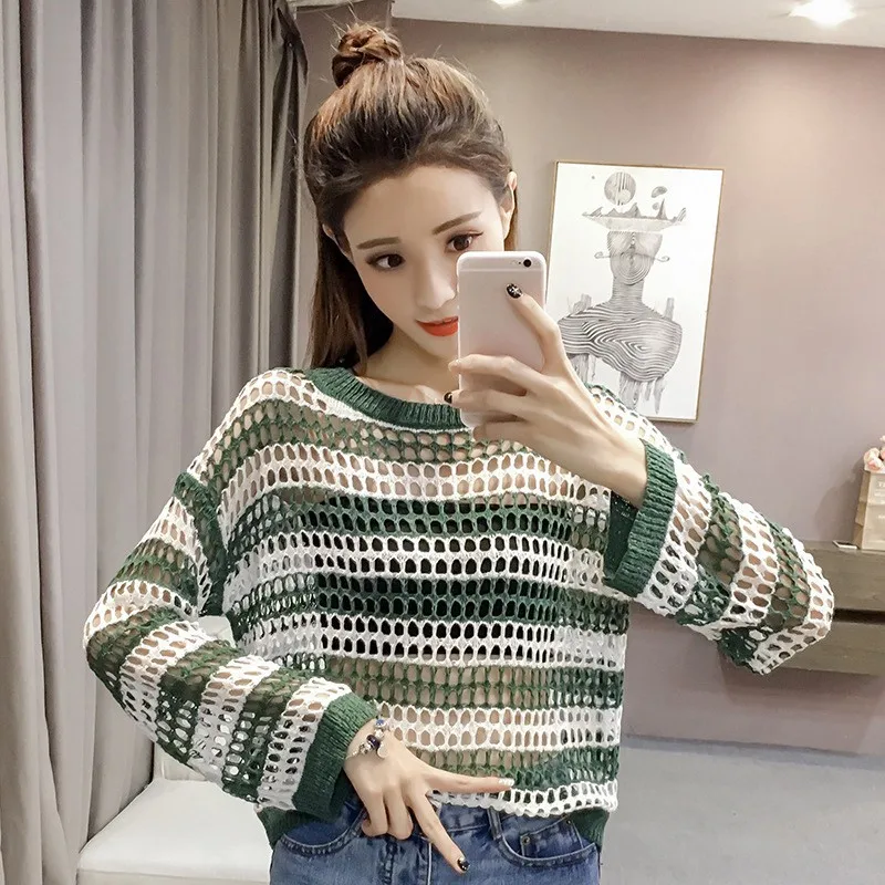 

DTransparent Knitted Mesh Women T Shirt Hollow Out SunScreen For Women Patchwork O-neck Loose Tops Women Long-Sleeved T-Shirt