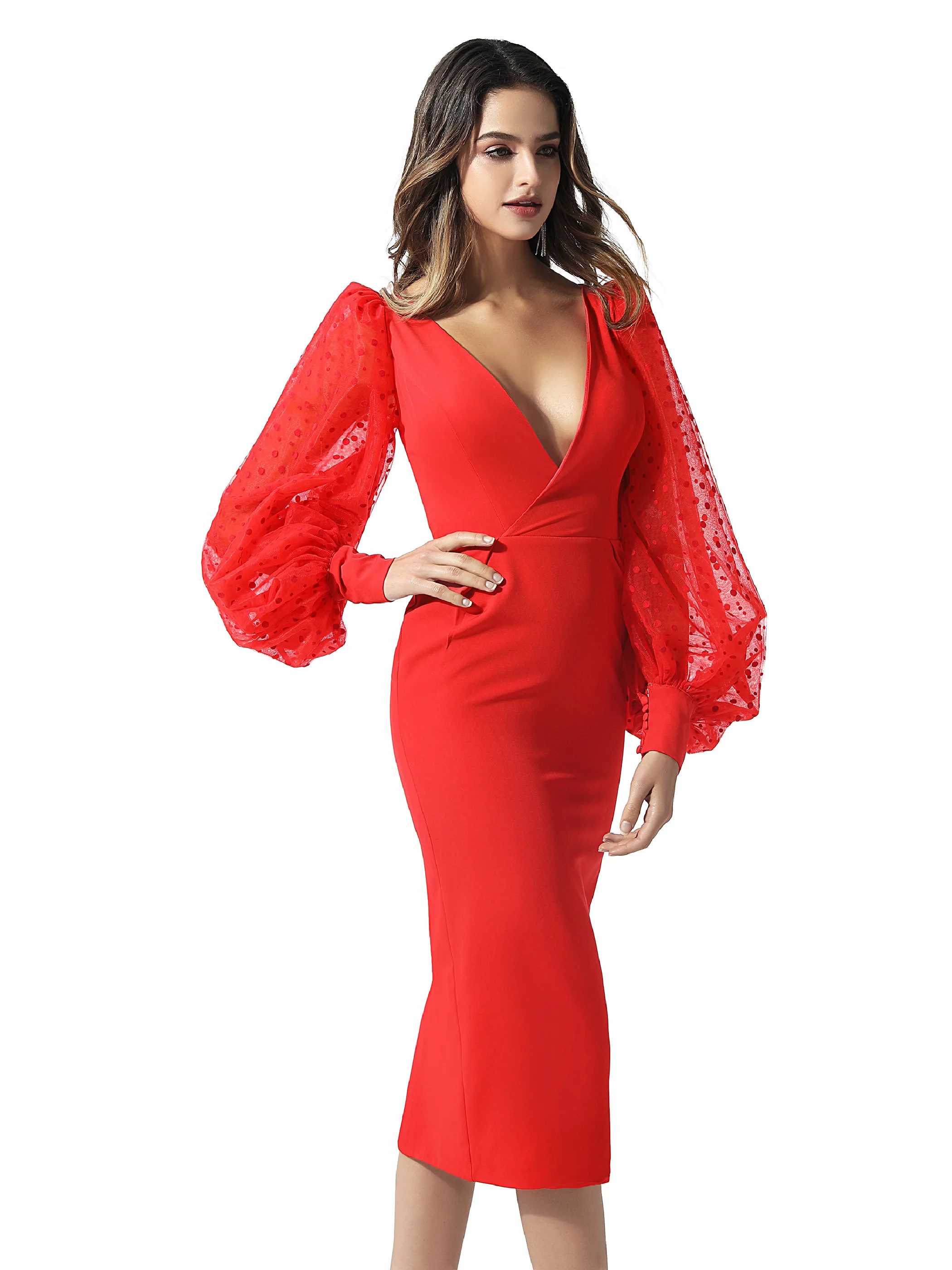 Винтажное красное коктейльное платье Dressv с V образным вырезом кружевное длинными