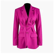 Дизайн с британским давлением ветра плиссированная Талия профилированный длинный рукав поддельный карман Тонкий Блейзер однотонного цвета куртка