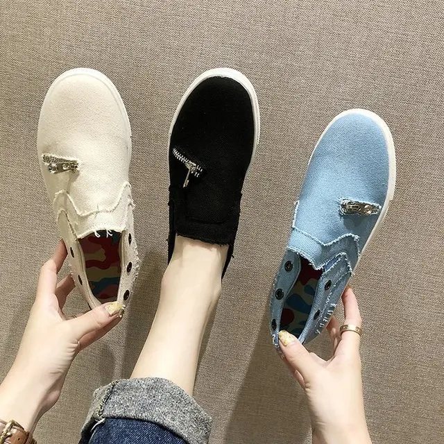 

2019 spring and autumn large size single shoes women's canvas shoes, loafers jeans zipper flat casual shoes women