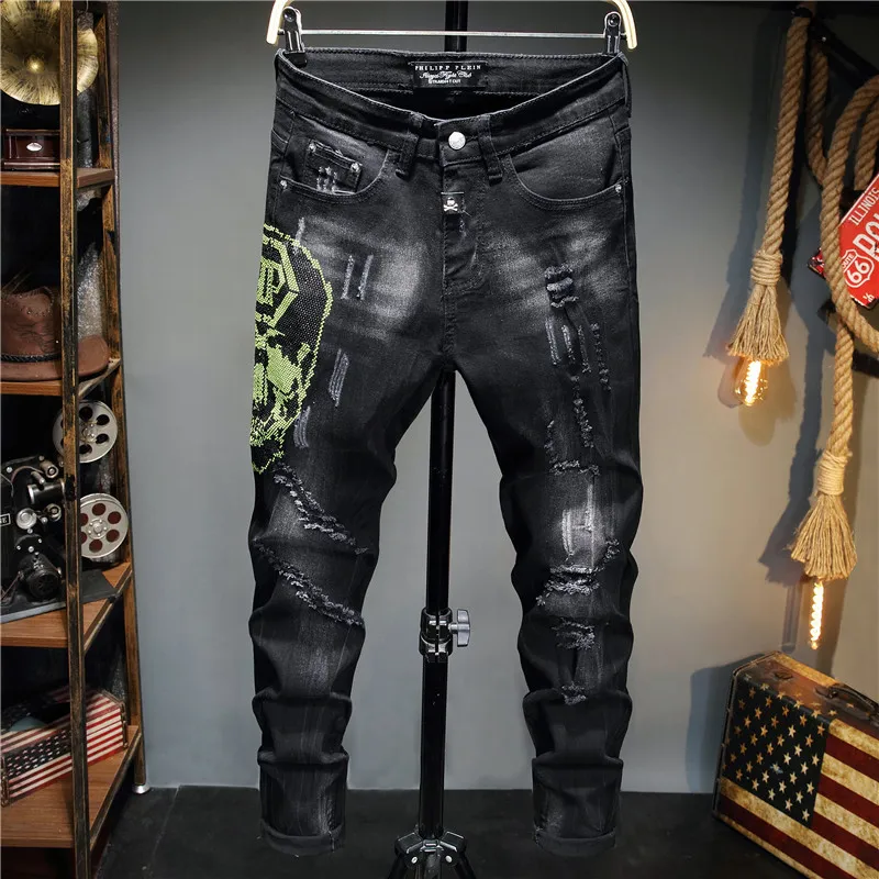 Pantalones vaqueros de europeo para hombre, plein Jeans de marca, negros, calaveras rectas, Con para motociclista|Pantalones vaqueros| - AliExpress