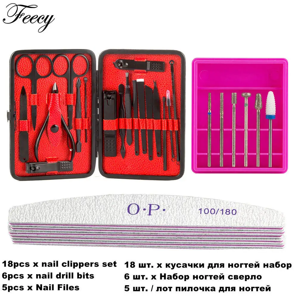 NC18 Red Set B 18 шт./компл. кусачки для ногтей Нержавеющая сталь педикюр, ножницы, пинцет, маникюрный набор фреза 100/180 Шлифовальная Пилка Для буфера - Цвет: NC18 Red Set B