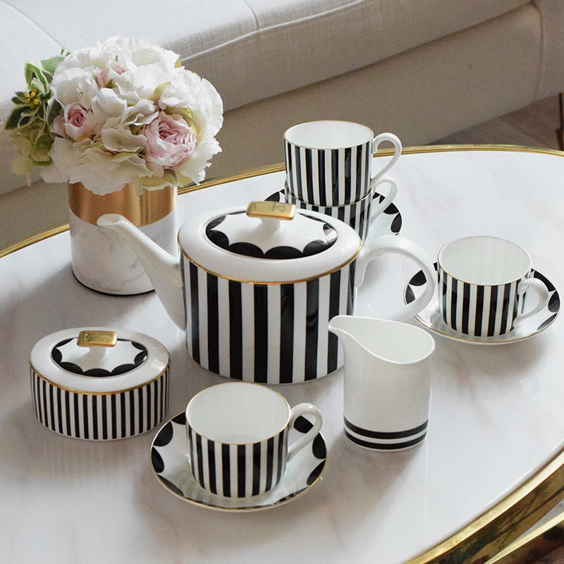 

Coffee Cup Set Bone China Simple Black White Vertial Pattern 6 People Coffeeware Teaware Sugar Bowl Creamer Mug Saucer