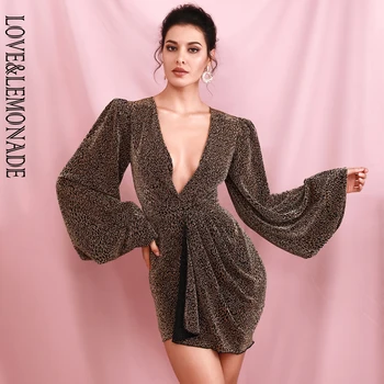 

LOVE&LEMONADE Sexy Deep V-neck Large Lantern Long Sleeve Golden Leopard Print Elastic Party Mini Dress LM82238