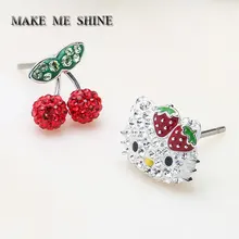 Высокое качество SWA Кристалл HELLO KITTY кошка клубника Асимметричные милые серьги-гвоздики в форме вишни женские серьги уха гвозди подарок для девочки