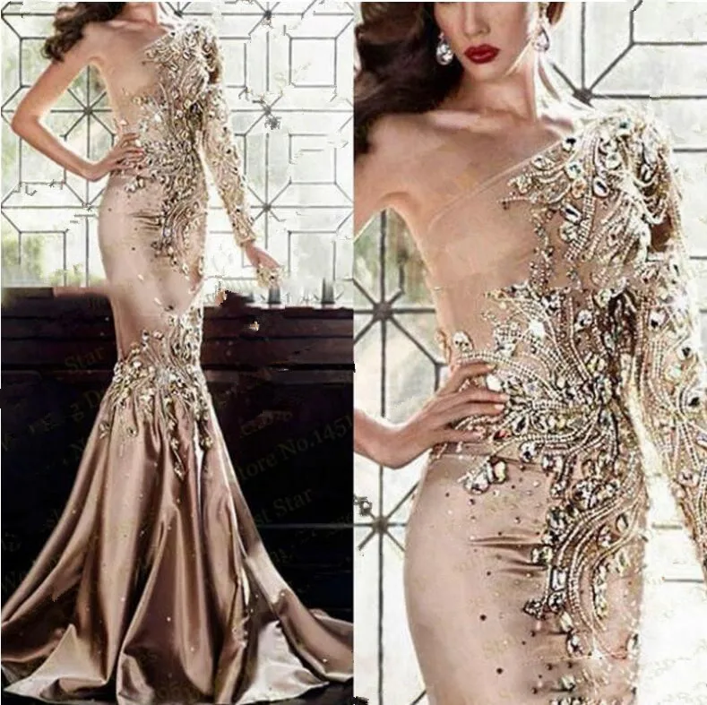 

Gorgeous Evening Dresses One Shoulder Sleeve robe de soiree Bead Evening Dress Long vestido de festa 2019 abiye gece elbisesi