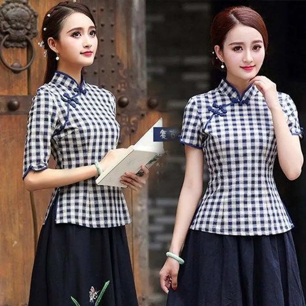 Oriental Plaid Women Plus Size Tangzhuang Lattice Chinesische Kleidung Traditional Chinese Shirts Chinois Cotton Cheongsam Tops