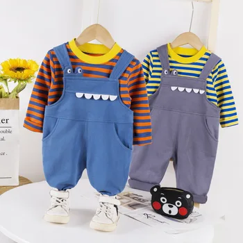 

2020 Autumn Clothing Casual Children Stripes Round-neck Shirt Suspender Pants Set Chichi Korean-style Long Sleeve Fat