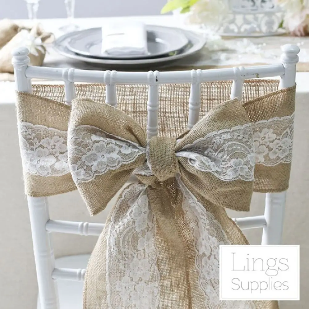 2.75M Burlap Ribbon Jute Lace Chair Cover Lace Sash Tie Bow Retro Wedding Decor 