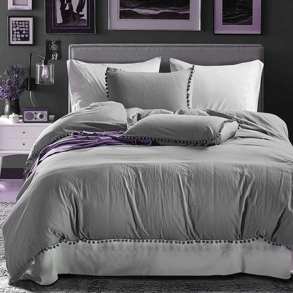 

Hot New 3pcs Luxury Bedding Sets Grey Simple European Brief Modern Solid Printed Duvet Cover sets King Queen Twin
