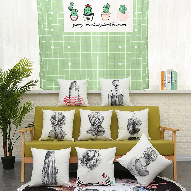 

Solid Color Sketch Girls Back Cushion Cover Sofa Bed Decorative Pillowcase Square Pillowcase Throw Pillows Decorative Pillows