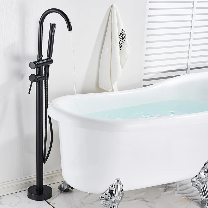 Bathtub Faucet Quyanre Black Bathtub Floor Stand Faucet Mixer Single Handle Mixer Tap 360 Rotation Spout ABS Handshower Bath Shower