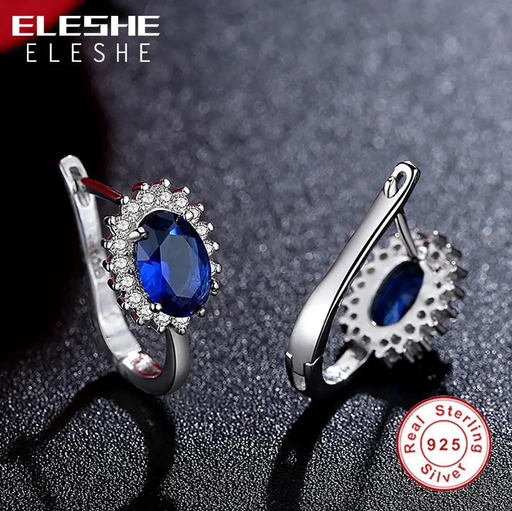 ELESHE, модные, 925 пробы, серебряные серьги для женщин, синие, Сияющие, каплевидные, Кристальные, серьги-гвоздики для женщин, свадебные ювелирные изделия, подарок