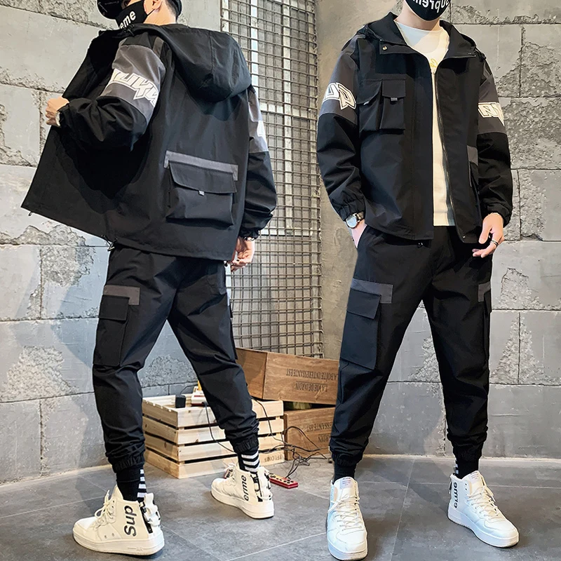 

Cargo Pullover Tracksuit Fashion 2 Pieces Sets Mens Jackets Loose Fit Elastic Waist Pants Hip Ropa Deportiva Hombre