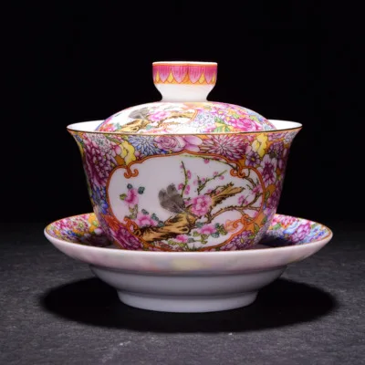 Bird One gaiwan Цзиндэчжэнь фарфор чаша цвет эмаль цветочный цветок ручной работы миска с крышкой с чашкой блюдце крышкой 150 мл - Цвет: Bird