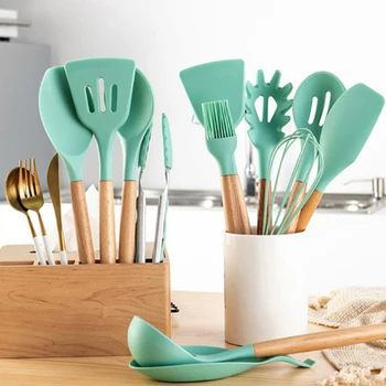 

1PC Silicone Wood Turner Soup Spoon Spatula Brush Scraper Pasta Server Egg Beater Kitchen Cooking Tools Kitchenware