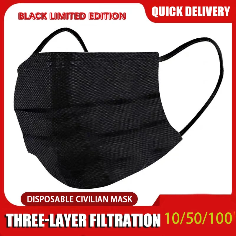 1050100Pcs Mouth Mask Disposable Black Cotton Adult Mouth Face Masks Non-woven Mask 3 Filter Activated Anti Pollution mascaras (2)