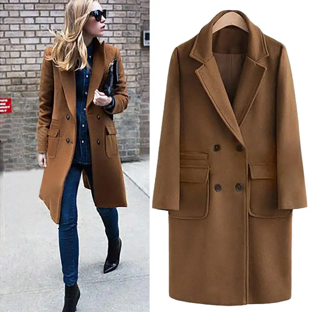 Осеннее женское длинное шерстяное пальто с отворотом, куртка с большим карманом, зимнее пальто, верхняя одежда, casaco feminino CD