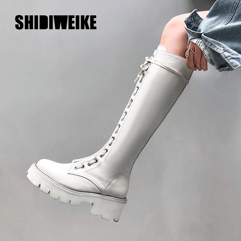 

Big size 34-42 New genuine leather boots lace up platform boots fashion autumn winter zipper shoes knight boots Women's shoes