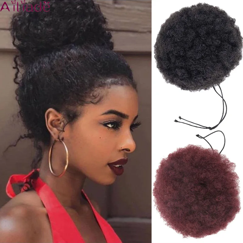 

AILIADE Afro Hair Bun Ponytails Extensions Natural Synthetic Puff Hair Curly Donut Chignon Clip In Bun Hairpiece For Black Women
