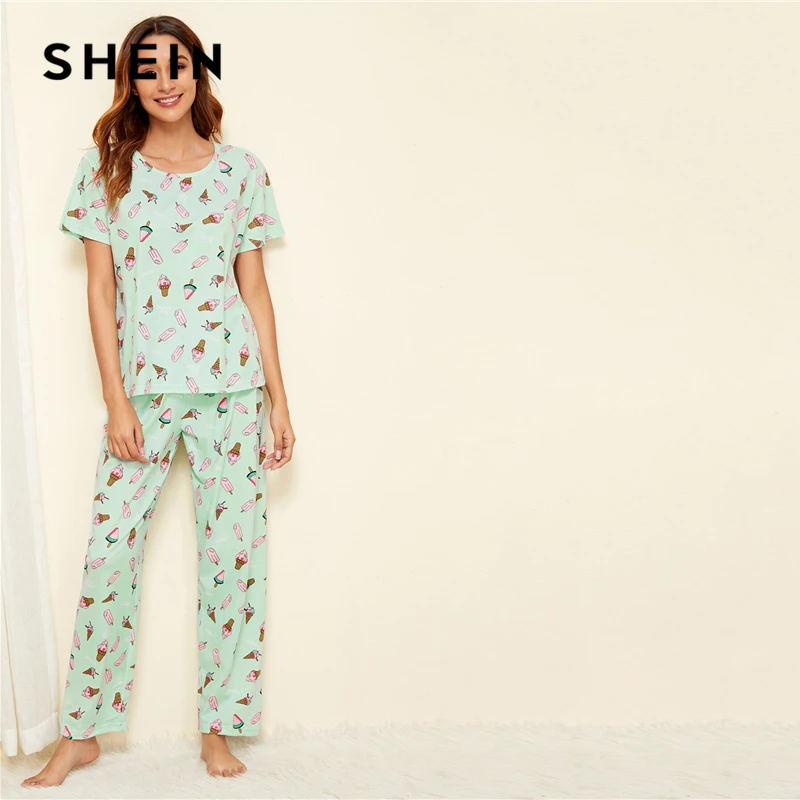 Goedkoop SHEIN Groen Ijs Print Pyjama Set Toevallige Korte Mouwen Lange Broek Pyjama Set Vrouwen Zomer Dames Nachtkleding Pyjama Sets