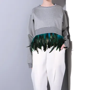 

Johnature Women Clothes 2020 Autumn Winter New Fashion O-neck Loose Pullovers Simple Feather Removable Spliced Women Sweatshirt