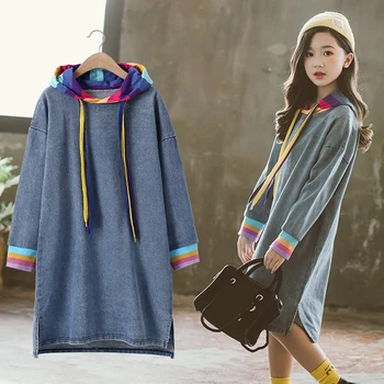 

Keelorn Casual Girls Dress 2020 Autumn New Teenager Clothes Long Sleeve Hooded Jean Children Sweatshirt Dress Fashion Girls