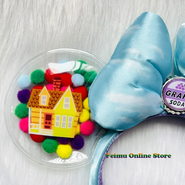 New Disney UP Air Cushion Headband Mickey Ears Disneyland Cartoon Blue Sky “GRAPE SODA” Badge Plush Headwear Decoration Gift 5