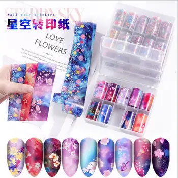 

10 pcs Holographic Floral Stickers Nail Art Butterfly Nail Foil Transfer Starry Sky Decal Paper Adhesive Slider Decor Set T1626