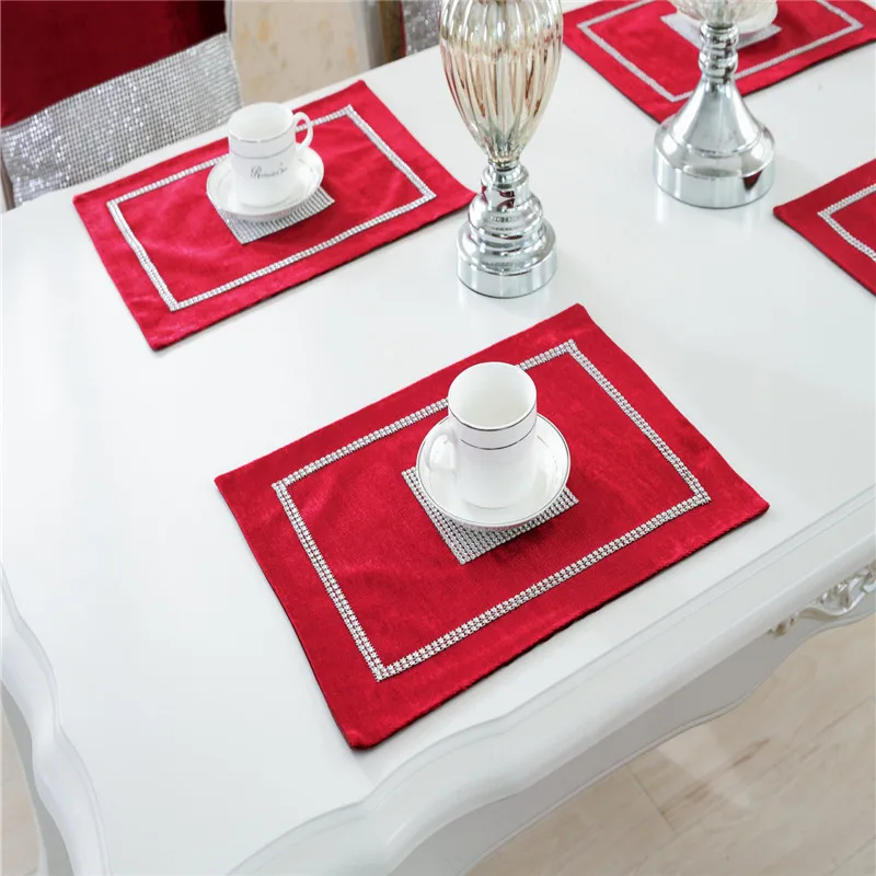 

40*30cm Flannel Diamond Placemats Rhinestones Table Mats Cup Pads Wedding Dining Place Mats for Wedding Coaster Home Party Decor