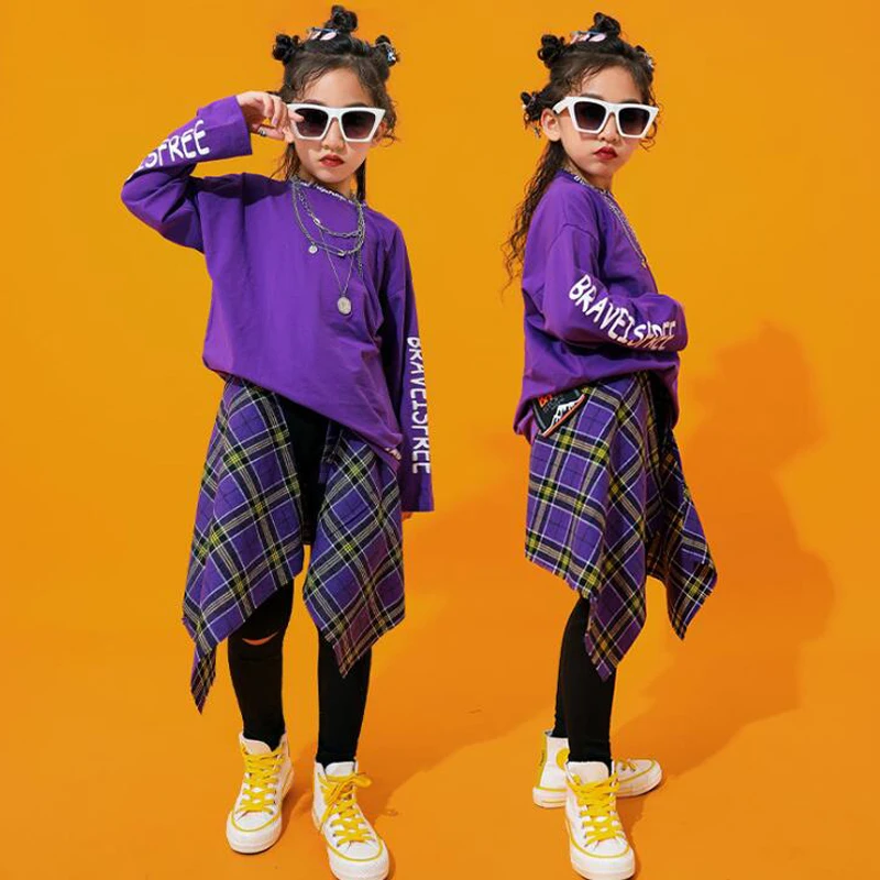 Детская крутая одежда в стиле хип-хоп; фиолетовый свитер; Топ; повседневные штаны для бега для девочек; костюм для джазовых танцев; одежда