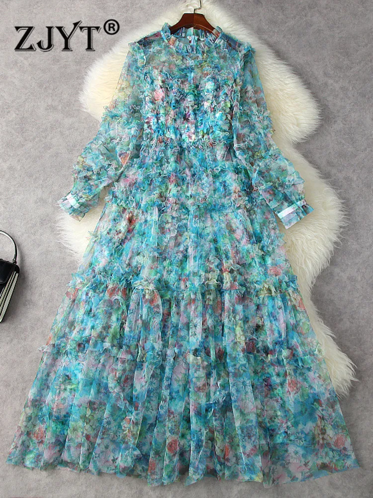 

Runway Spring Luxury Ruffle Floral Print Mesh Long Maxi Party Dresses for Women Elegant Evening Prom Vestidos Holiday Beach Robe