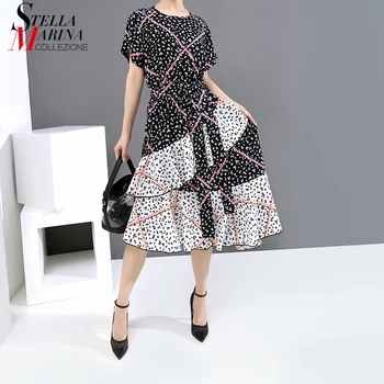

New 2020 Women Summer Stylish Ruffled Floral Dress Sashes A-Line Black And White Patchwork Print Ladies Elegant Midi Dress 6192
