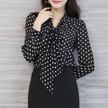 

Fashion Polka Dot Printed Chiffon Women Shirt 2022 Spring Office Ladies Elegant Bow Pullovers Commuter V-Neck Loose Blouse Woman