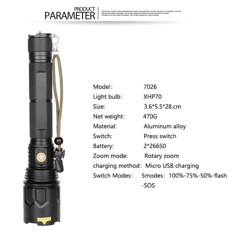 Тактический фонарик 5 режимов USB светодиодный фонарик перезаряжаемый P70 светодиодный фонарь с фокусировкой и зумом охотничья лампа