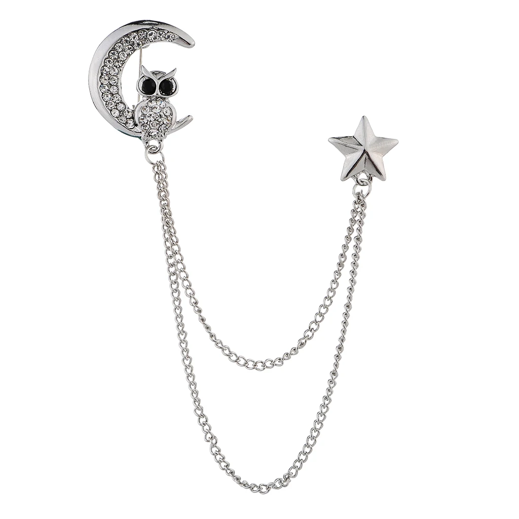 Новая мода животное сова брошь с кристаллом Half Moon кисточкой цепи нагрудные булавки мужской костюм, воротник рубашки булавки брошь, ювелирный подарок