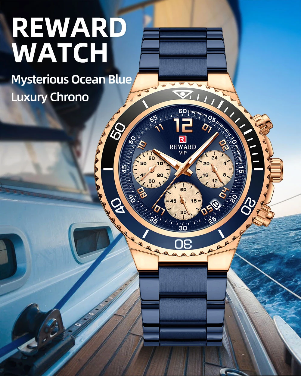 REWARD Fashion Blue Mens Watches Stainless Steel Top Luxury Brand Waterproof Clock Chronograph Men Quartz Sports Wrist Watch