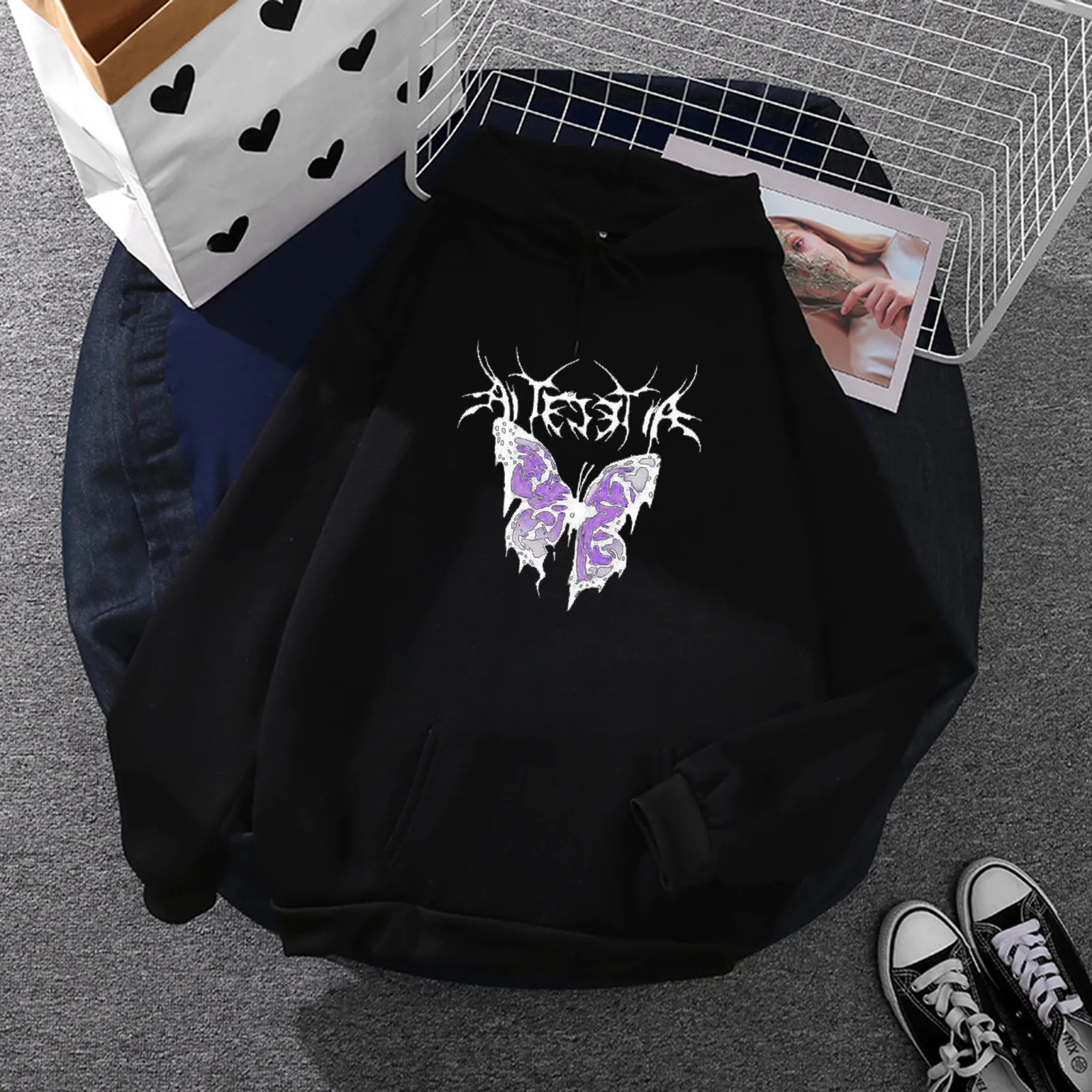 Korean Fashion Butterfly Printed Sweatshirts For Women Casual Loose Hoody Long Sleeve Oversized Hoodie Teen Girl Pocket_voghion.com