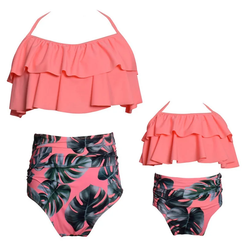 

2Pcs Mommy and me swimsuit Leaf Print Ruffled Mother Daughter matching swimsuits Summer Bikini Summer Family Matching Swimwear