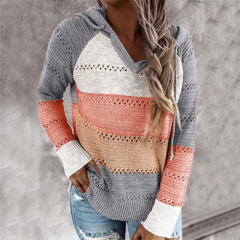 

Sweater women Autumn and winter color patchwork striped knitting casual loose hooded long sleeve oversize ladies Pullovers tops